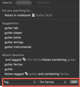 Adding tag to Evernote search in desktop client