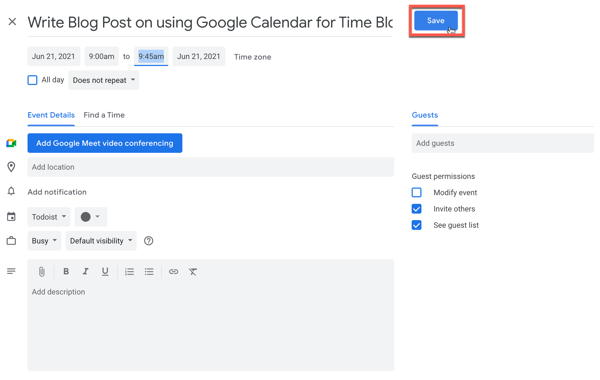 Saving an event in Google Calendar