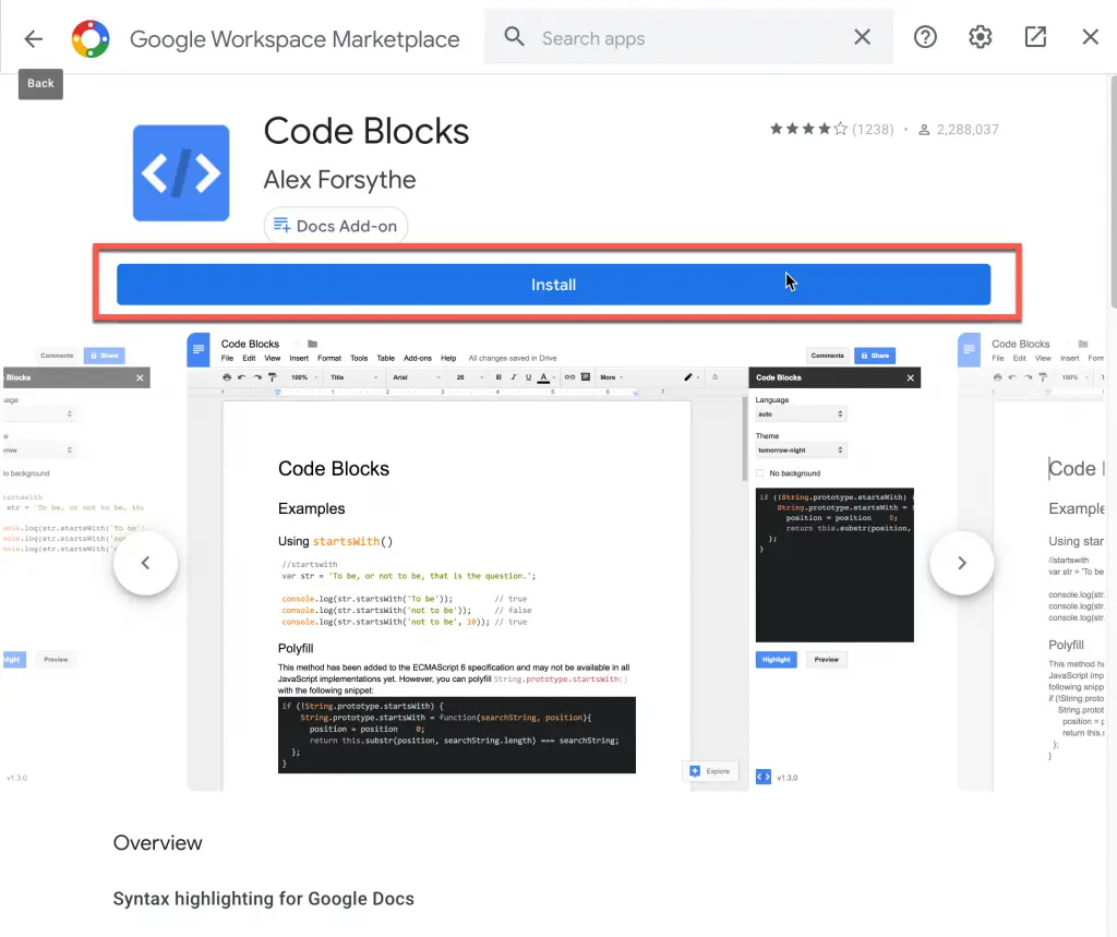 Code Blocks add-on page in Google Workplace Marketplace