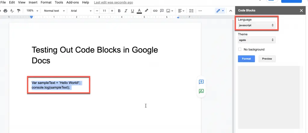 Selecting javascript code in Google Docs