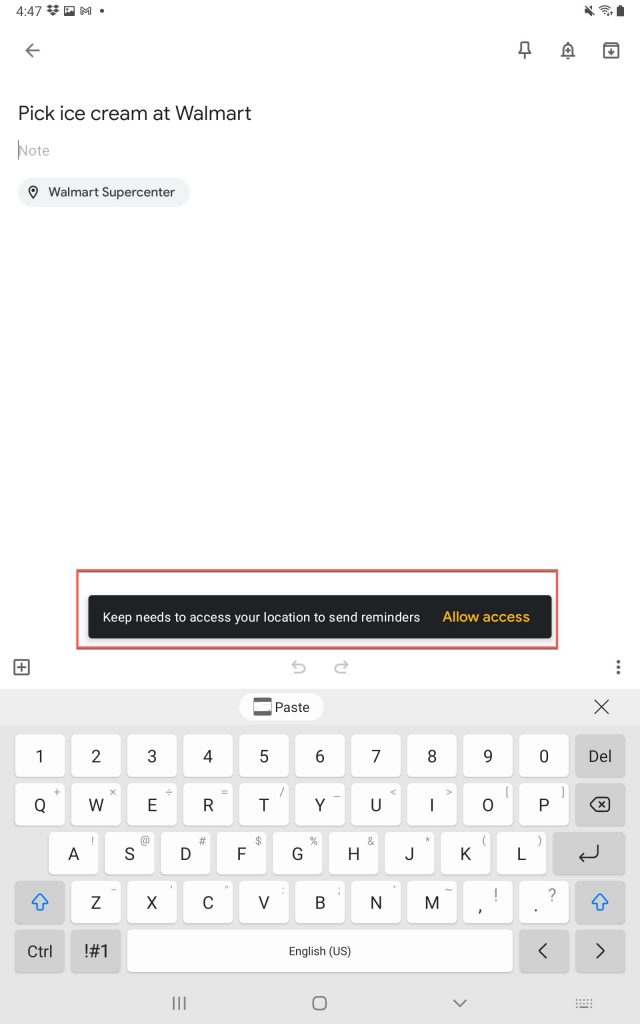 Click "Allow access" to allow Google Keep to access your location