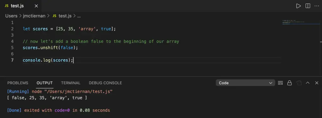 Adding an element to beginning of a JavaScript array using the unshift() method