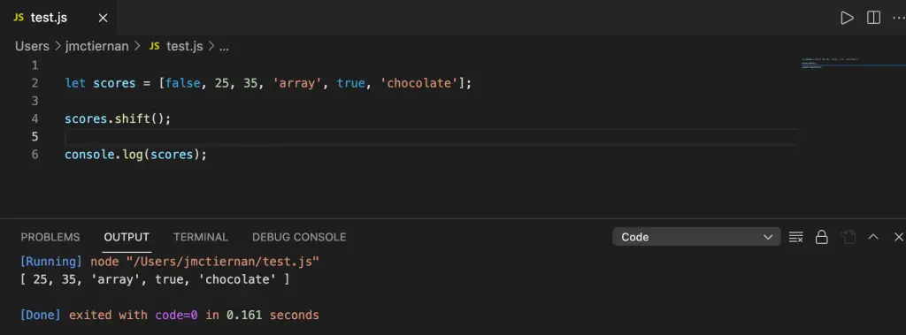 Removing the first element from a JavaScript array using the shift() method