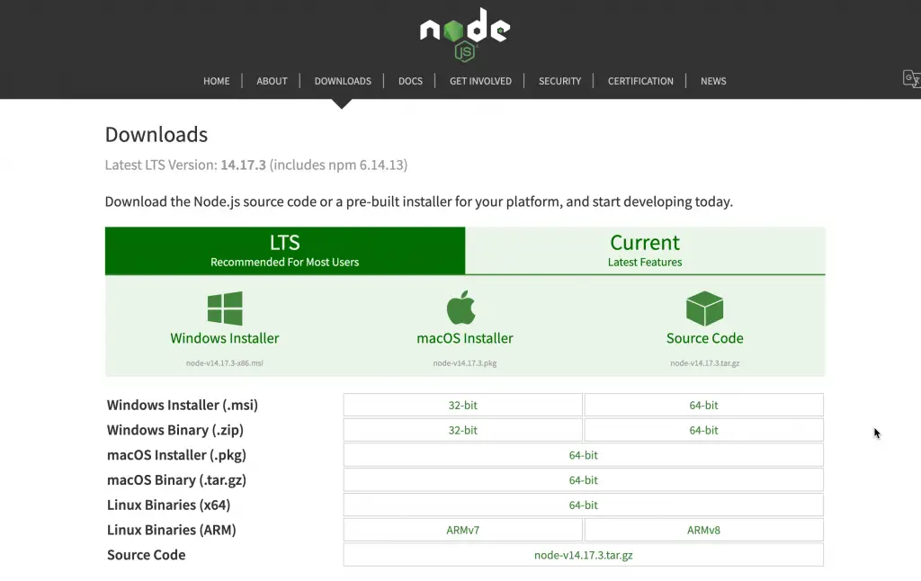 Node.js download page