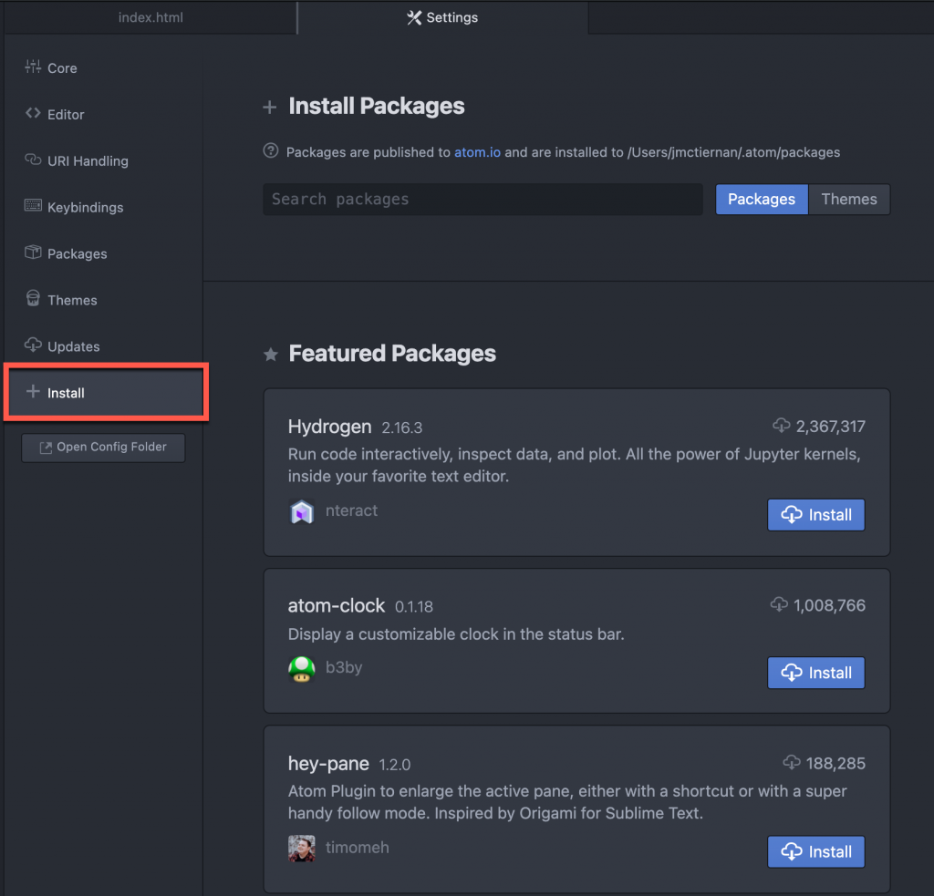 Atom.io install section of preferences on MacOS