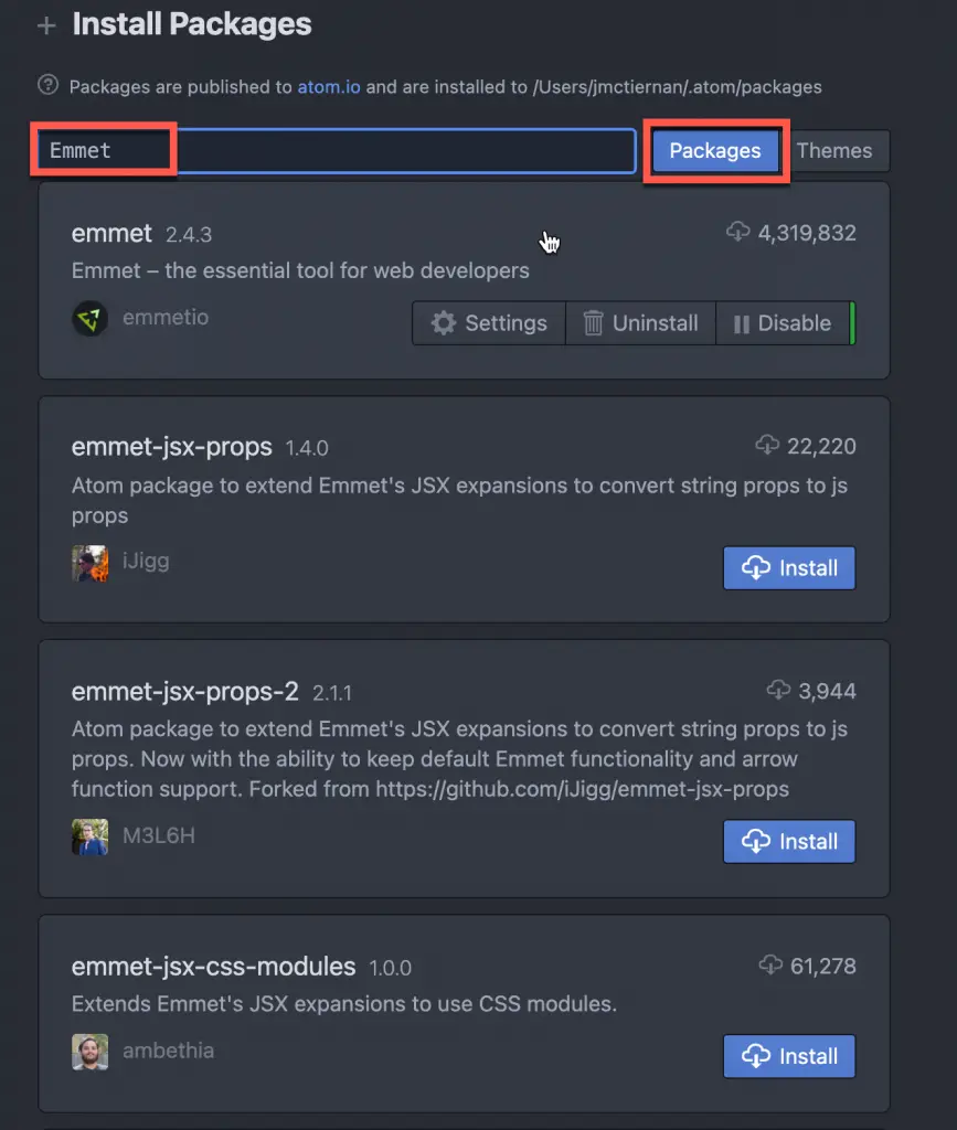 Searching for Emmet package in Atom 