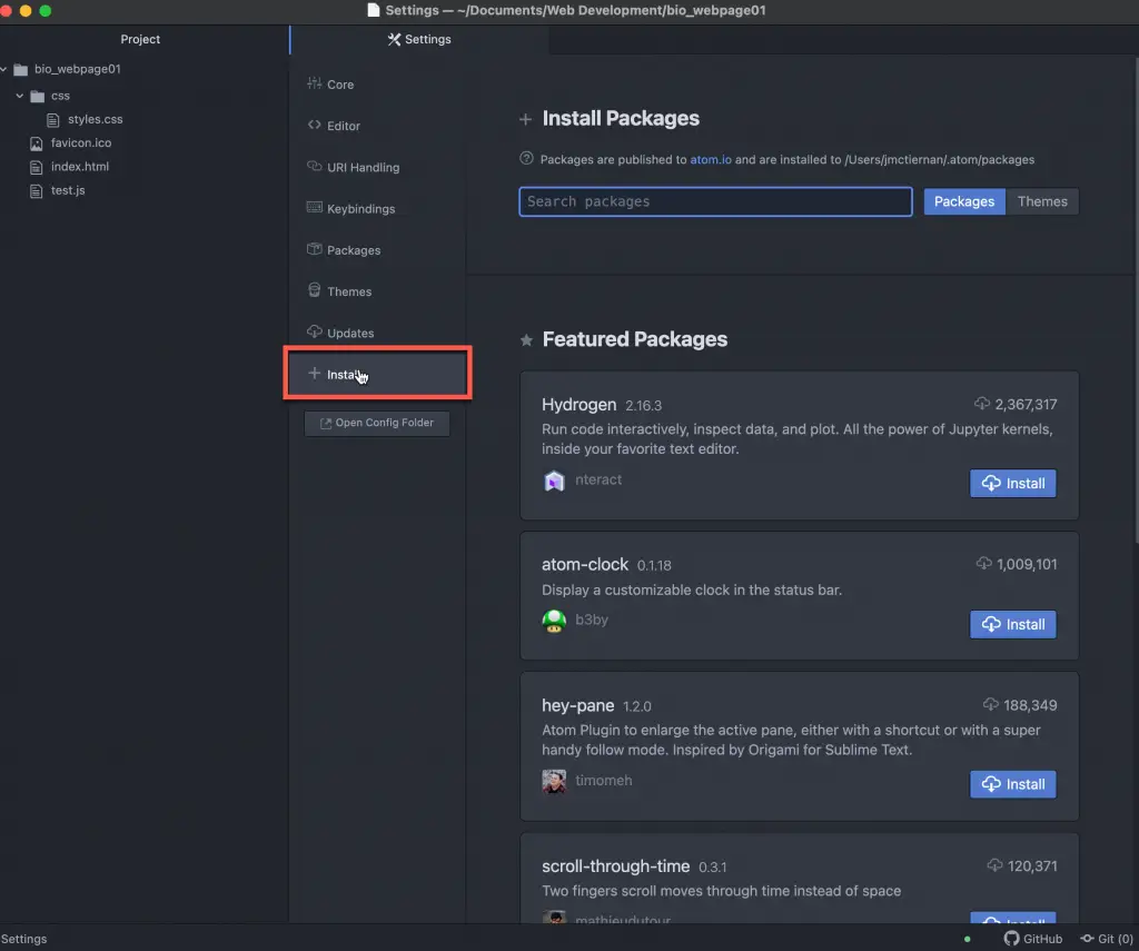 The install package screen in Atom.io for MacOS