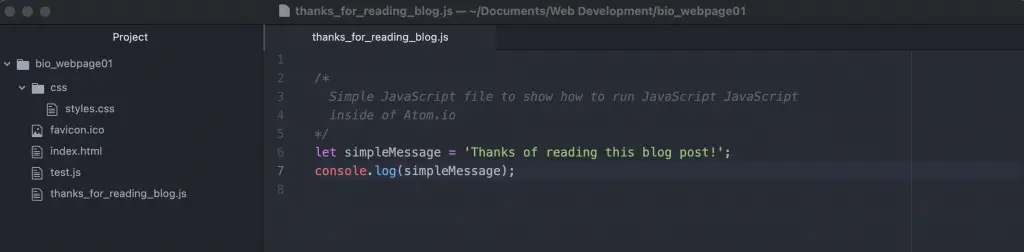 A simple JavaScript file in Atom