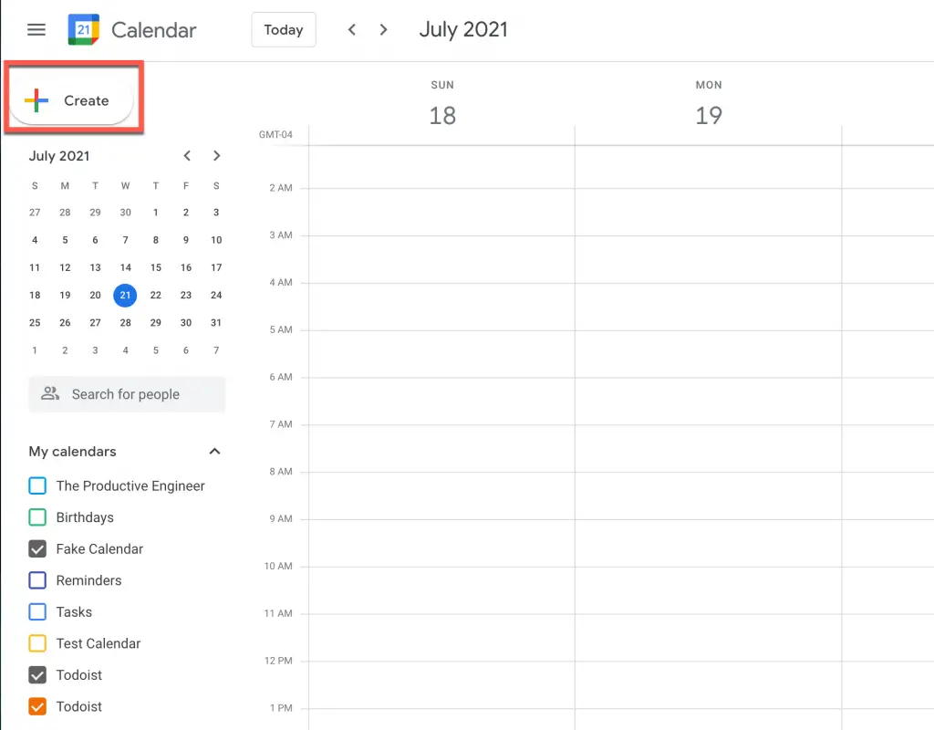 Click the "Create" button to start creating an event in Google Calendar