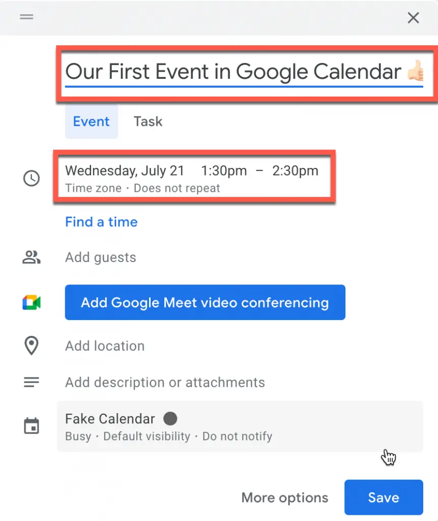 Configuring an Event in Google Calendar
