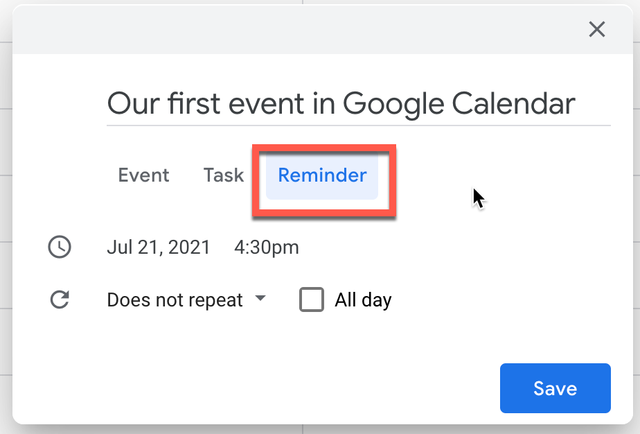 Configuring a reminder in Google Calendar