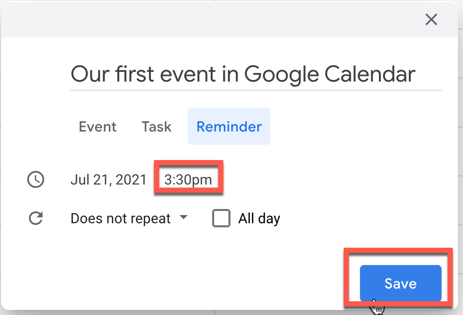 Configuring the time a reminder will trigger in Google Calendar