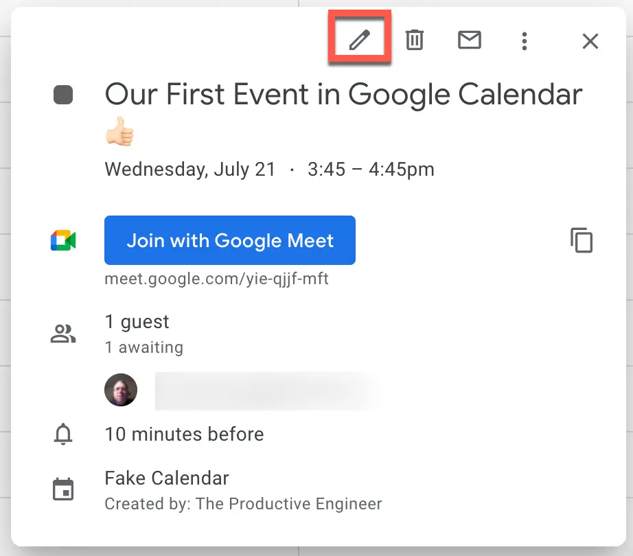 Click the "Edit event" button to edit Google Calendar event