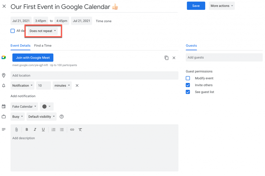the "Does not repeat" drop-down button in Google Calendar