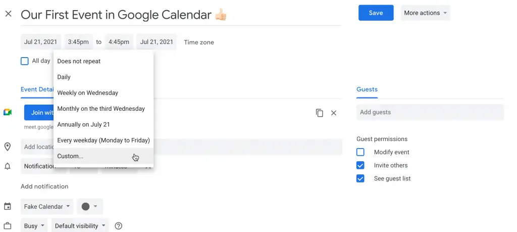 Select the recurring time in Google Calendar
