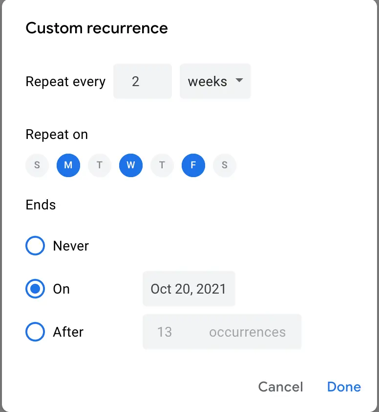 Custom recurring schedule screen in Google Calendar