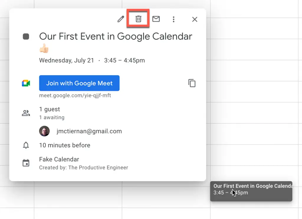 Open Event and Click the trash can icon to delete event in Google Calendar