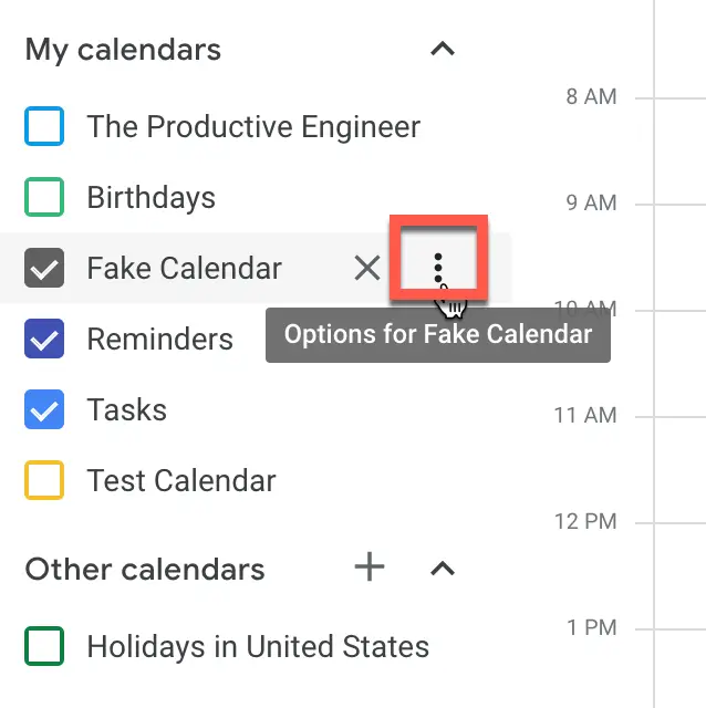 click on the ellipsis button to option calendar options in Google Calendar