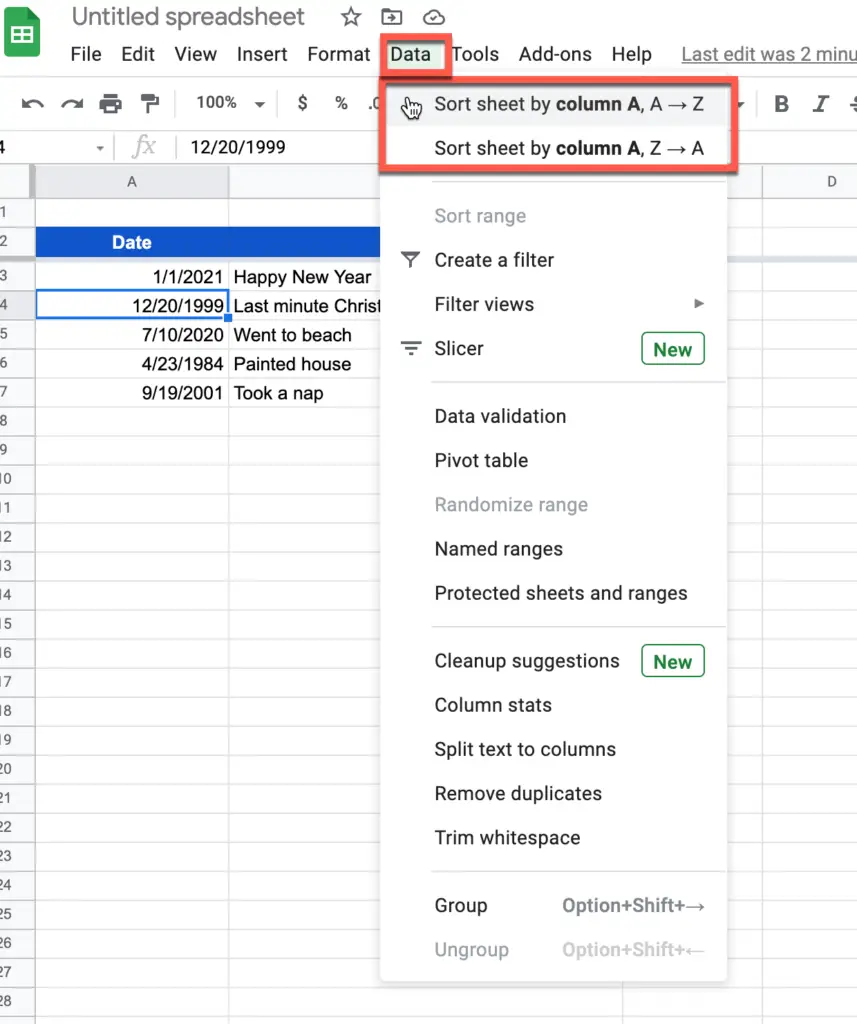 Sorting a date column in Google Sheets using the Sort Sheet by options