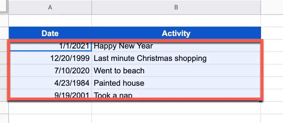 Select all the cells in your table except the headers