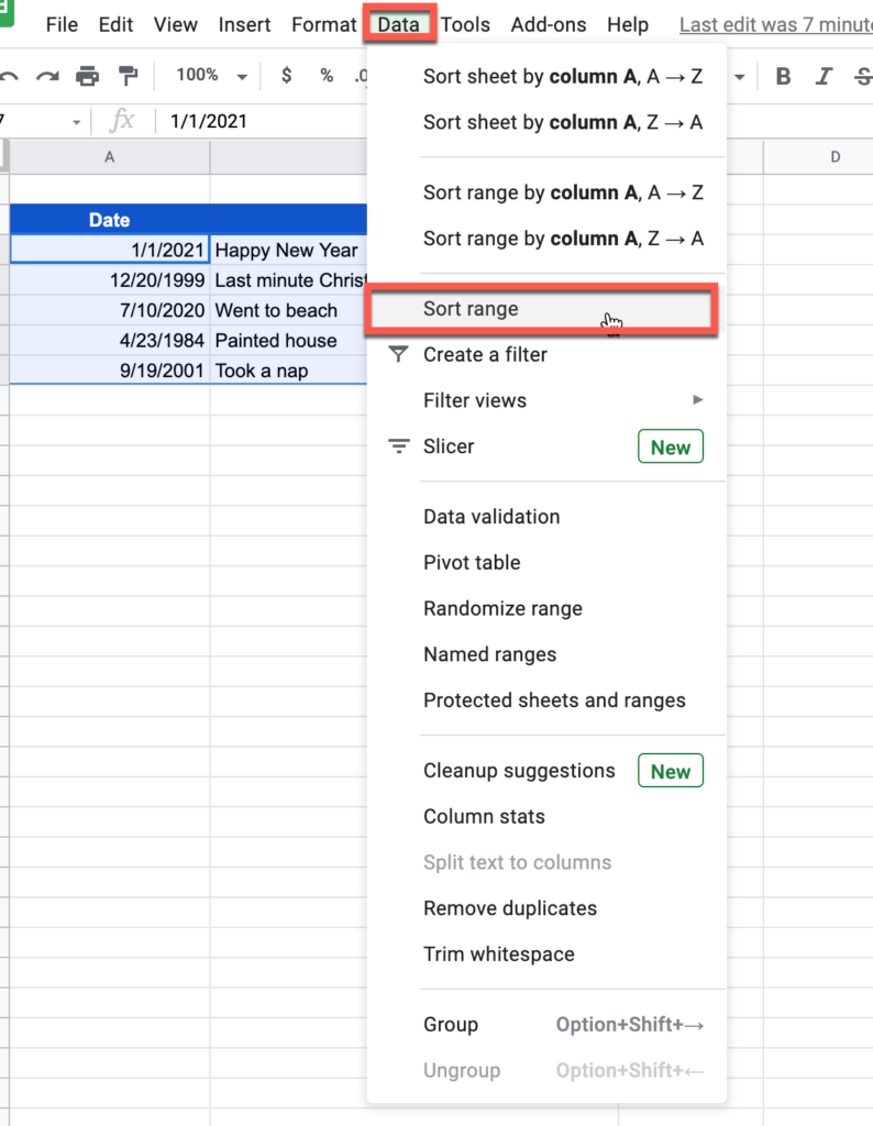 Select Sort Range from the menu in Google Sheets