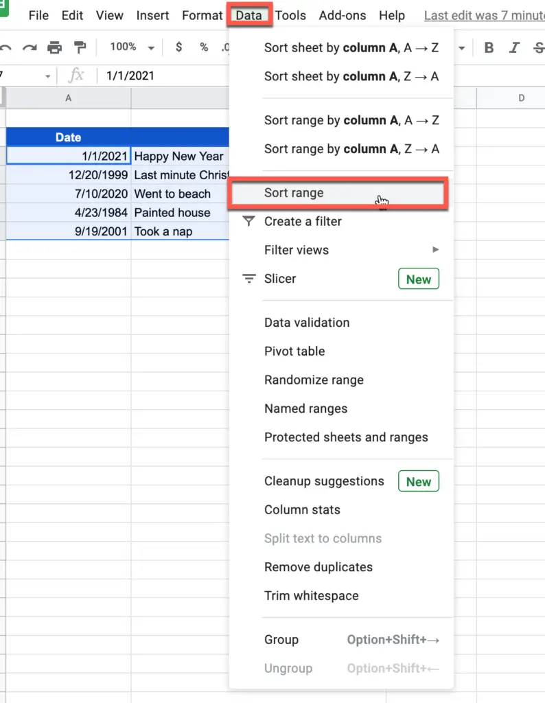 Select Sort Range from the menu in Google Sheets