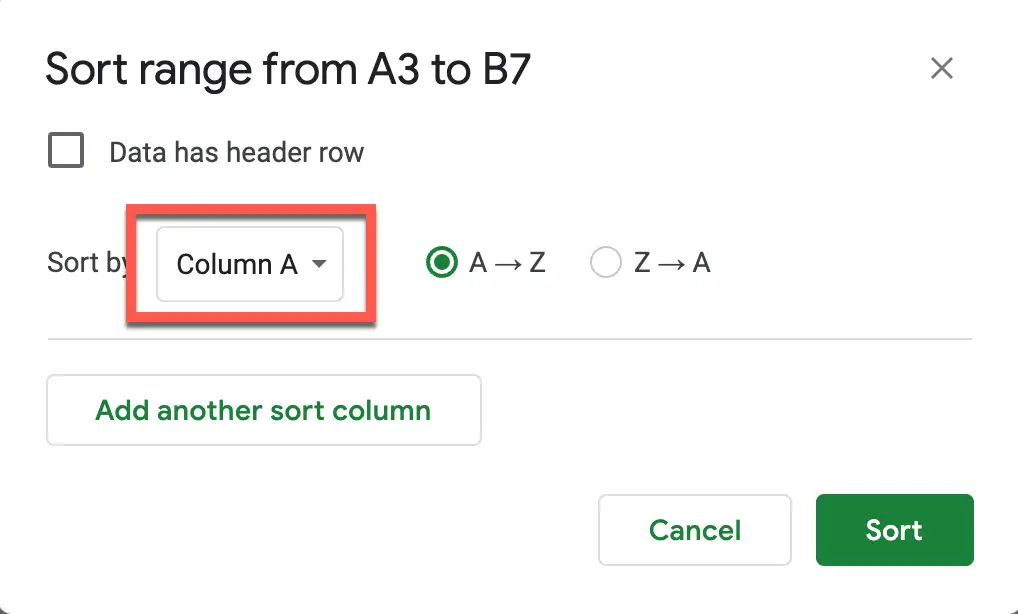 Select the column you want to sort in the Sort Range menu