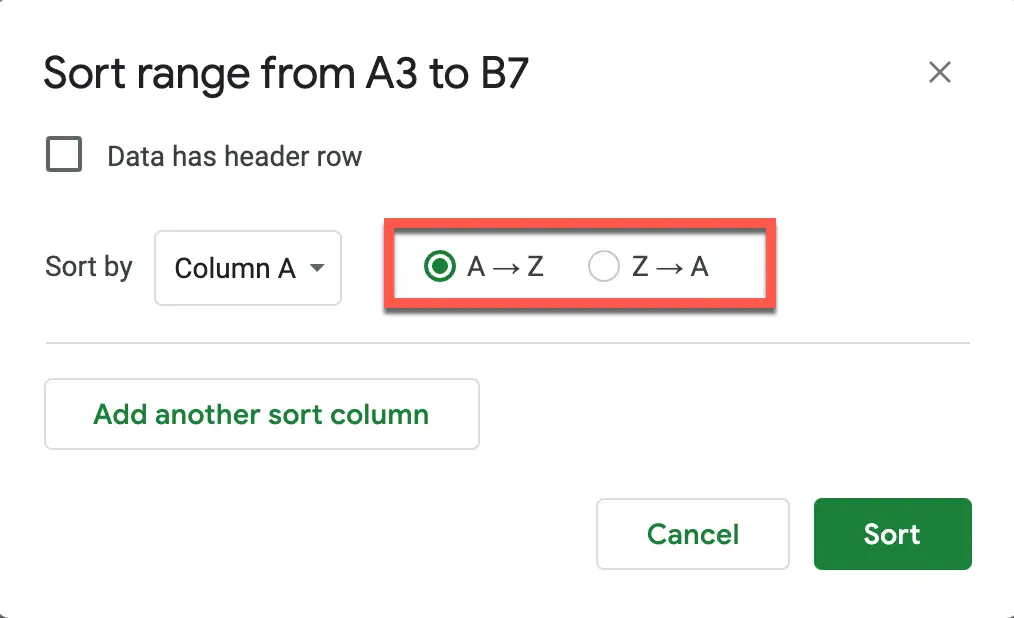 Sorting options in Sort Range menu in Google Sheets