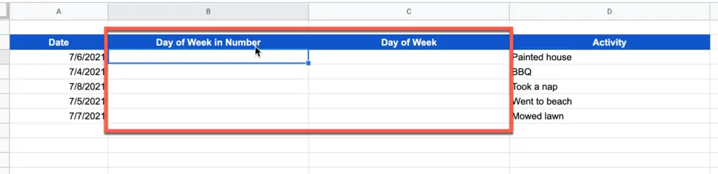 Add two columns for day of the week in Google Sheets