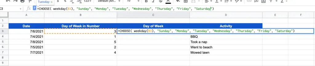 Applying the CHOOSE function to a nested WEEKDAY function to assign the day of week name 