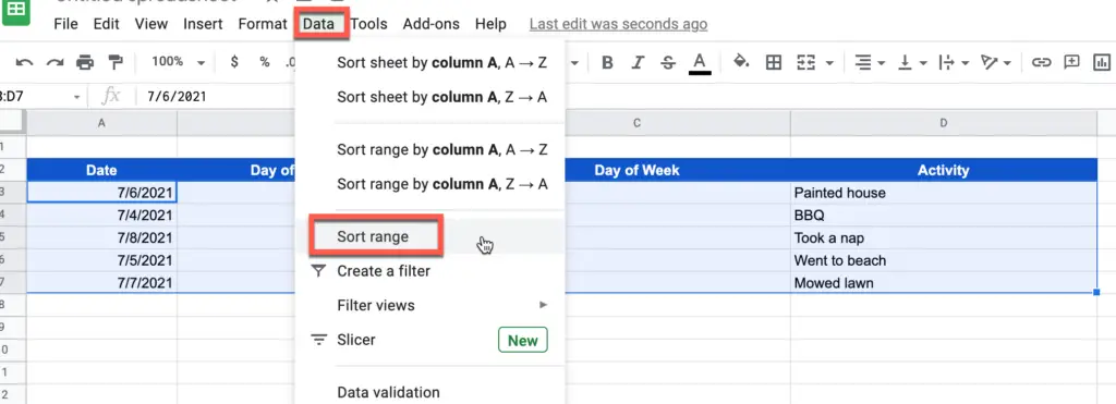 Selecting the Sort Range function in Google Sheets