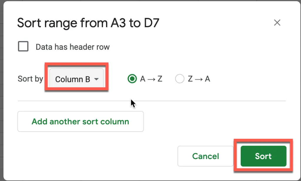 selecting our day of week number column and clicking Sort in Sort Range menu in Google Sheets