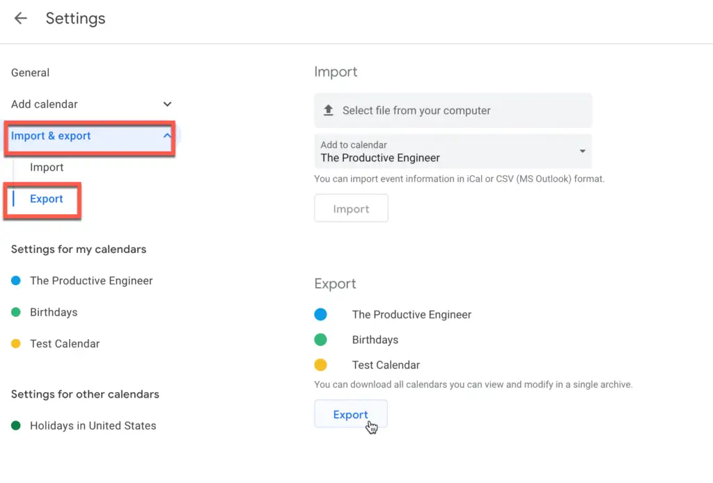 Accessing the import/export options in Google Calendar