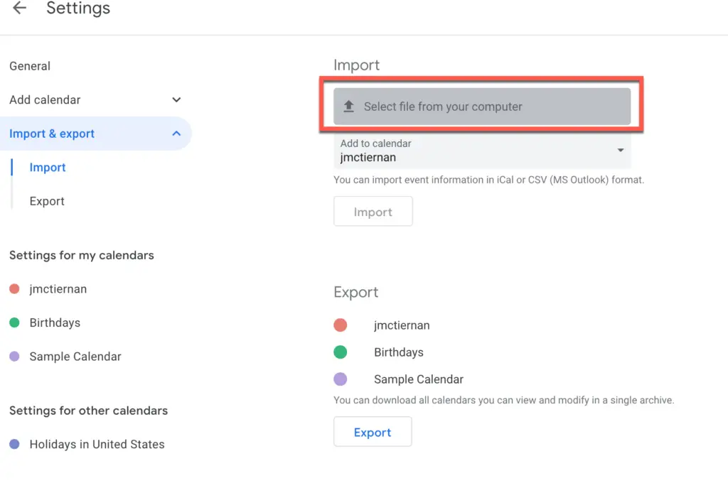 Import Calendar option in Google Calendar