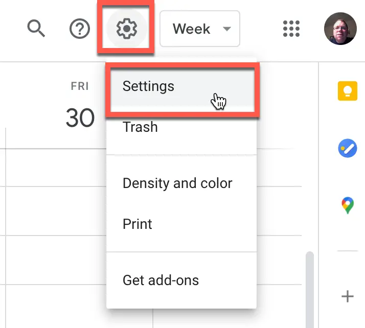 Settings option in Google Calendar