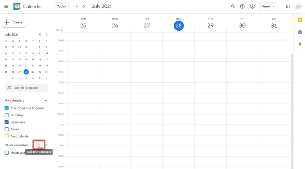 Click the plus (+) button to add other calendars in Google Calendar