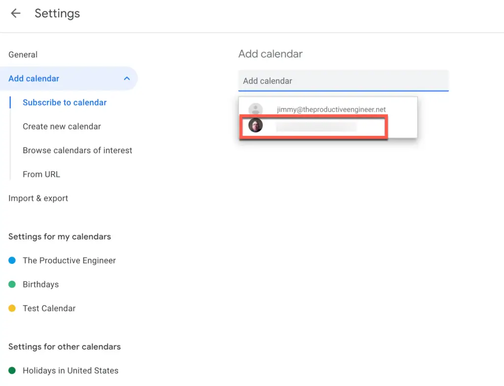 Select or type in gmail address of owner of calendar you want to subscribe to in Google Calendar