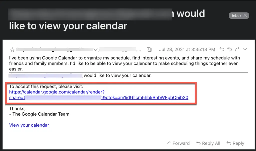 Email requesting permission to access Google Calendar