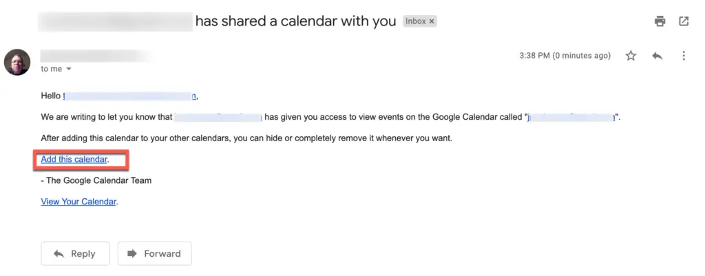 Email confirming another user has shared their Google Calendar with you