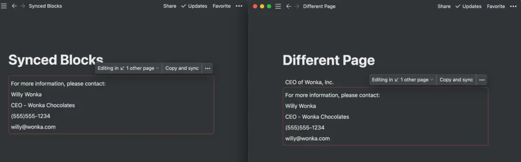Using Synced Block in Notion to sync contact information across multiple pages in Notion