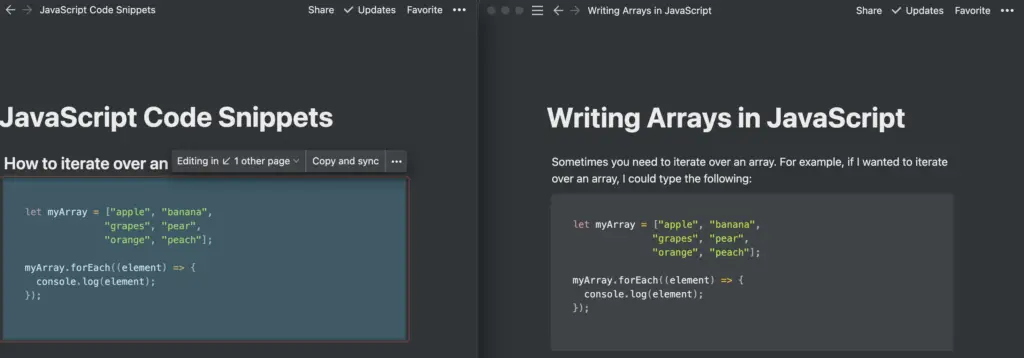 Syncing code snippets across pages in Notion