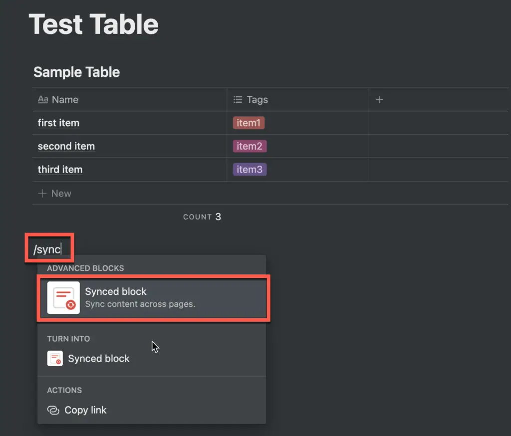 creating a synced block in Notion