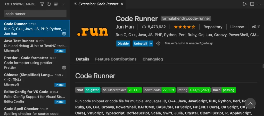 Code Runner extension for VS Code