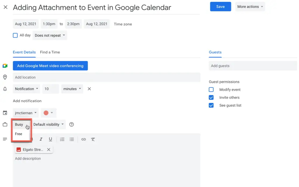 Setting your availability in an event in Google Calendar