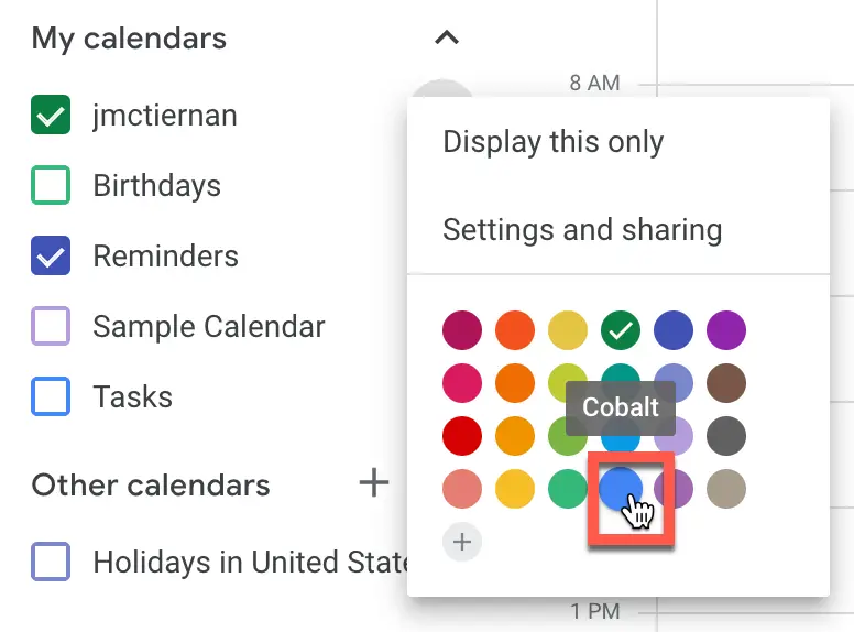 Changing the color of a calendar in Google Calendar