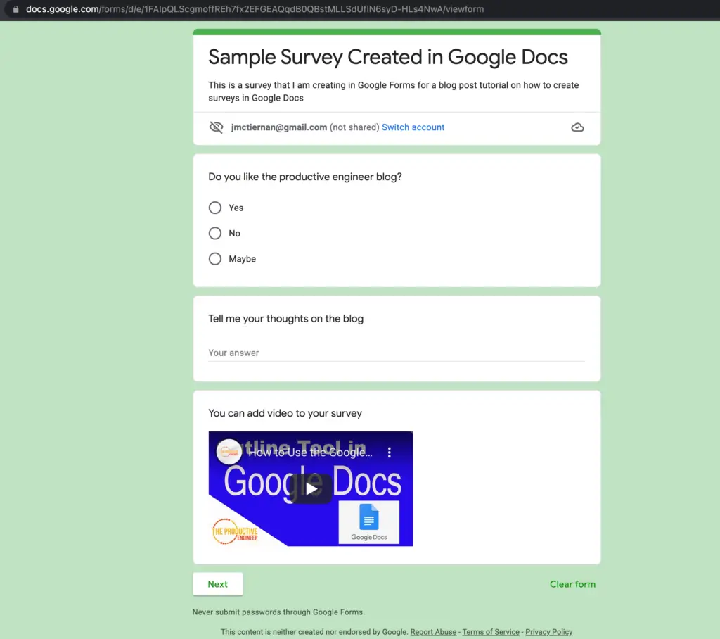 A published form in Google Forms