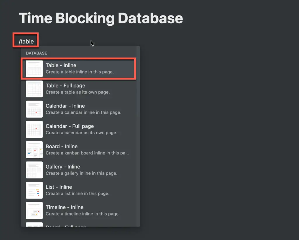 Creating a table in Notion