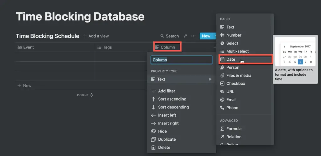 Creating a Date column in a table in Notion