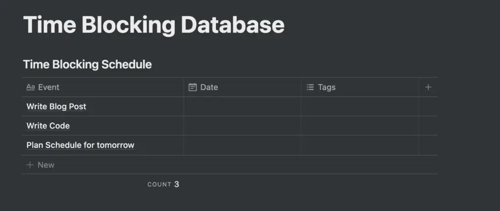 Adding tasks to time blocking table in Notion