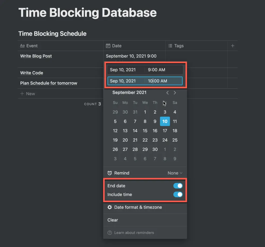 Setting a time block in a table in Notion